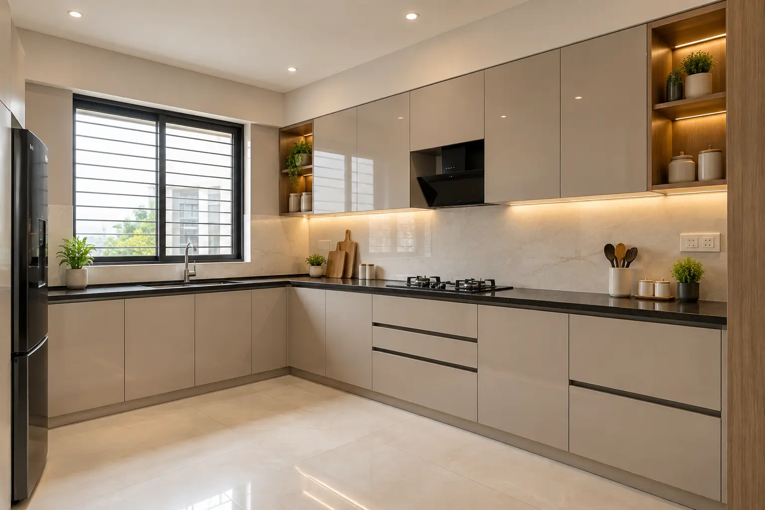 L-shaped modular kitchen design by Neo Homes